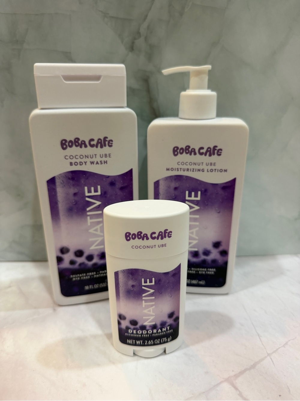 Native Boba Cafe Coconut Ube Body Wash, Lotion & Deodorant Set – NEW